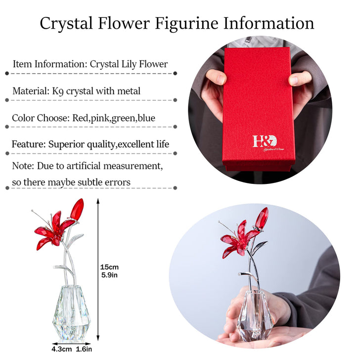 H&amp;D HYALINE &amp; DORA Crystal Calla Lily Flower Figurine Collectible Wedding Bouquets with Crystal Vase for Home Wedding Party Decor, Red Flower with Sliver Metal Stem