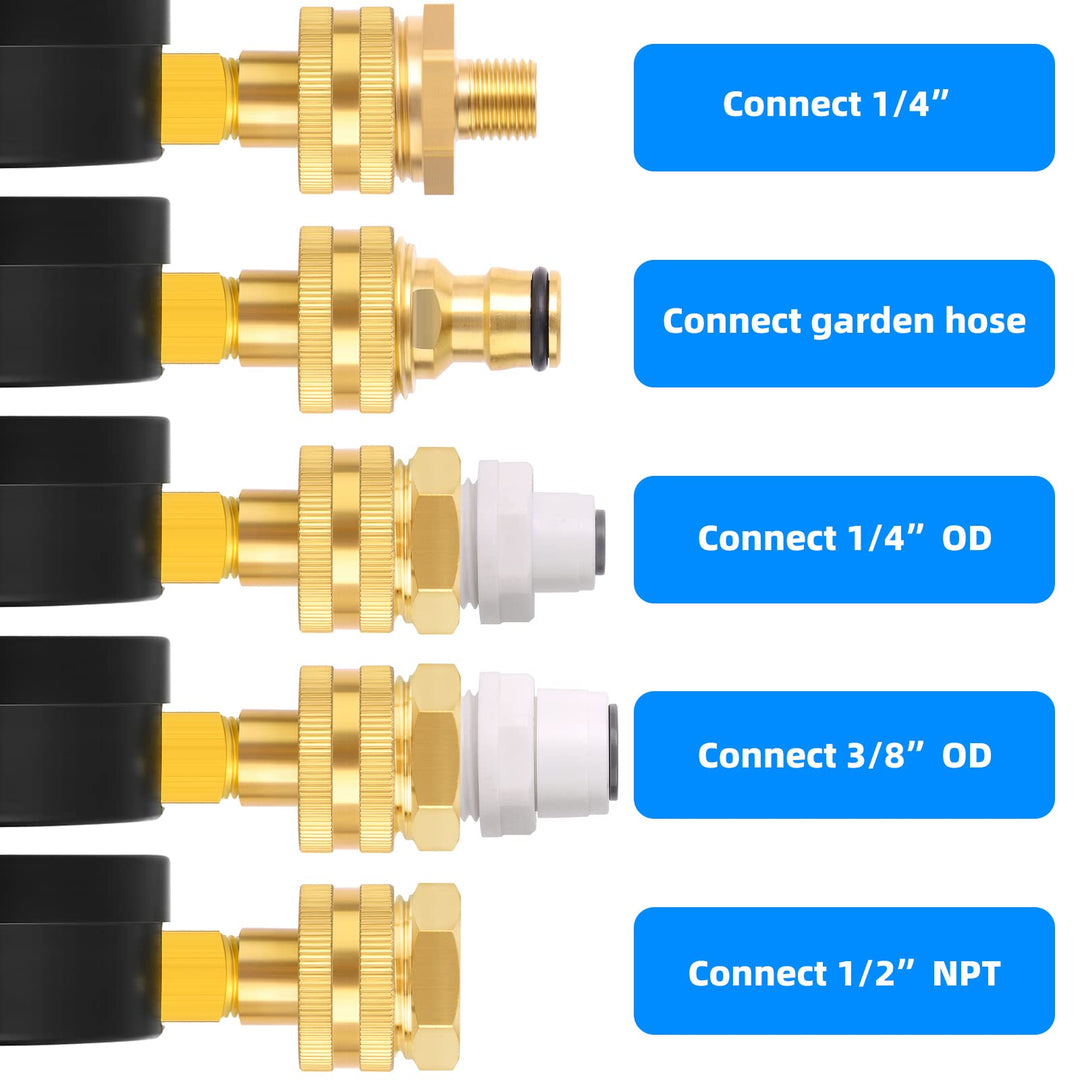 0~200Psi 3/4 Female Water Pressure kit Plus 5 adapters, 2.5 FACE DIAL Multi-Purpose Pressure Gauge kit, Hydraulic Tester,Suitable for Gardens, Water Pipes, etc