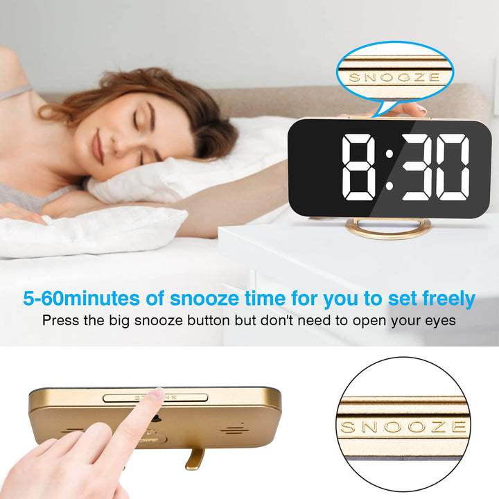 Digital Alarm Clock,6 Large LED Display with Dual USB Charger Ports | Auto Dimmer Mode | Easy Snooze Function, Modern Mirror Desk Wall Clock for Bedroom Home Office for All People (Gold)