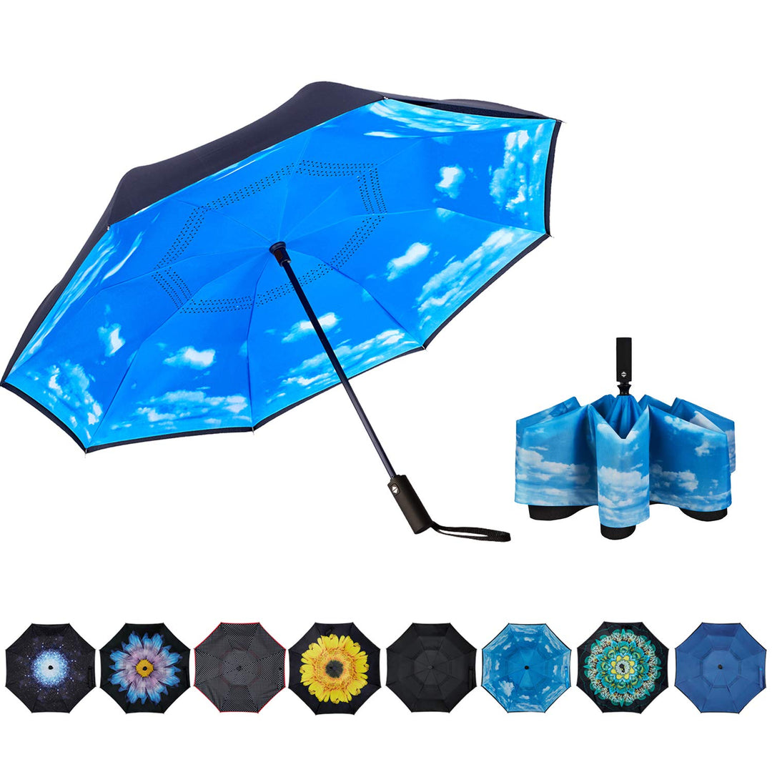 Inverted Umbrella Double Layer Automatic Folding Reserve Umbrella Windproof UV Protection for Rain Car Travel Outdoor Men Women Blue Sky