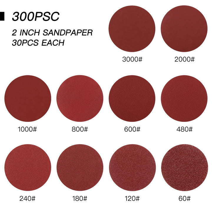 300pcs 2 Inches Sanding Discs Pad Kit for Drill Sanding Grinder Rotary Tools with Backer Plate Shank and Soft Foam Buffering Pad, Sandpapers Includes 60-3000 Grit