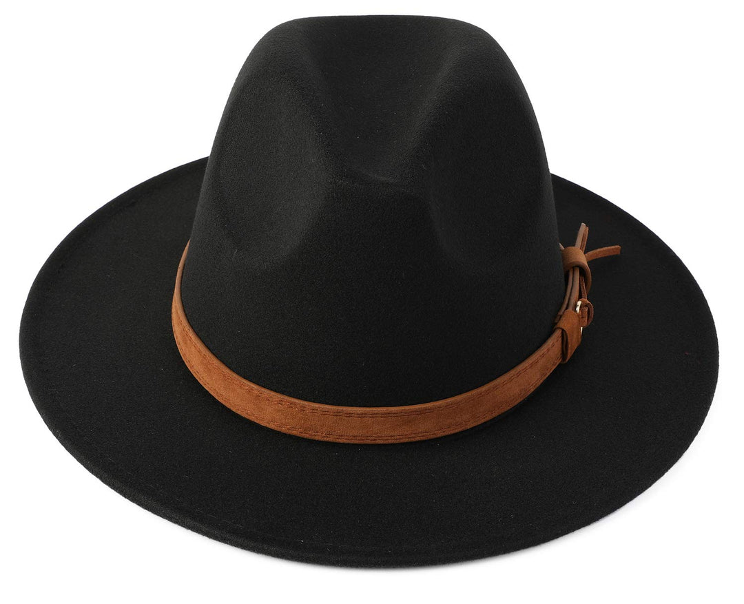 Classic Wide Brim Women Men Fedora Hat with Belt Buckle Felt Panama Hat (Black)