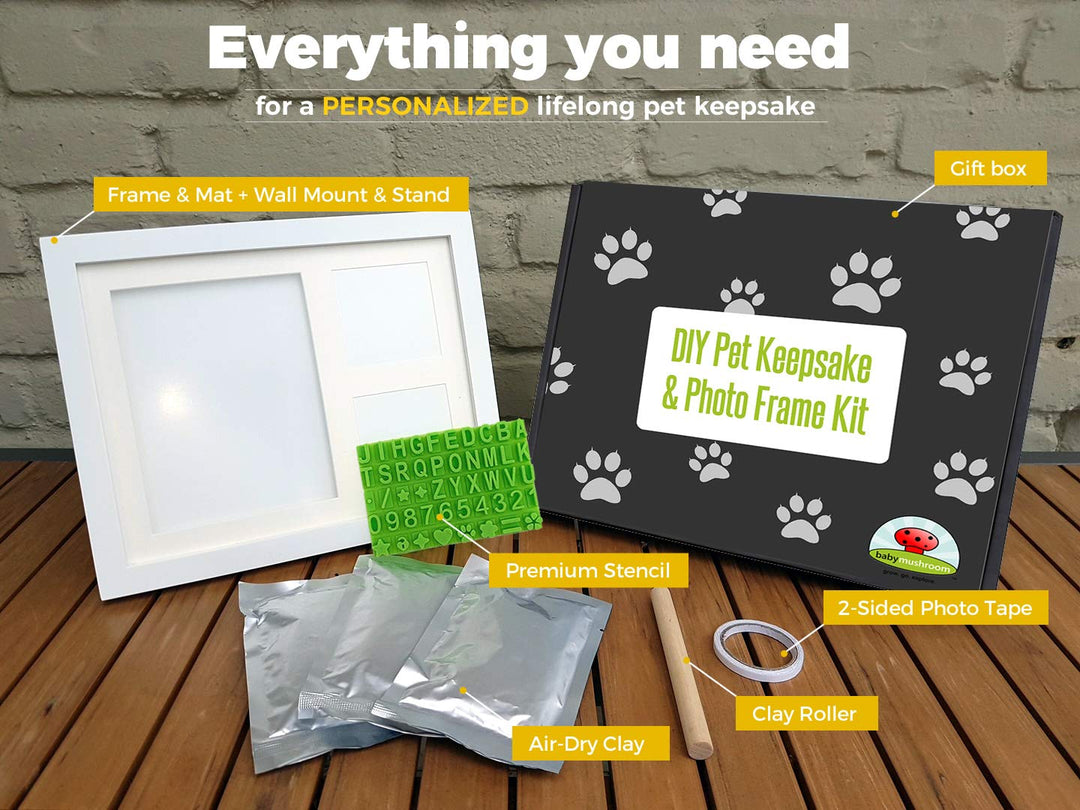 Ultimate Dog or Cat Paw Print Keepsake Kit &amp; Picture Frame - Premium Wooden Photo Frame, Clay Mold for Pet Pawprint &amp; Bonus Stencil. Makes a Personalized Gift for Pet Lovers and Memorials (White)