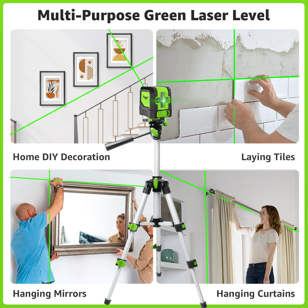 HUEPAR Laser Level Self-Leveling - 100 feet DIY Bright Green Cross Line Laser Leveler for Picture Hanging, Tile, Decoratio and Construction Indoor Project, 360° Magnetic Base &amp; Battery Included