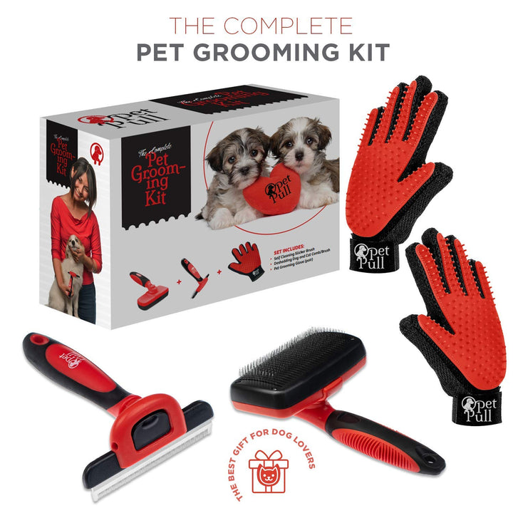 Complete Professional Pet Grooming Kit Self Cleaning Slicker Brush for Dogs &amp; Cats - Pro Grooming Brushes Effectively Reduces Shedding Fur Hair Remover Brush Gloves - Combo Gift Set