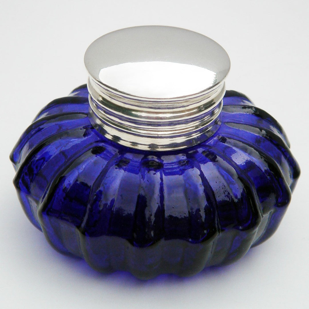 Treasure Gurus Antique Reproduction Glass Inkwell Cobalt Blue w/Silver Top Desk Ink Well
