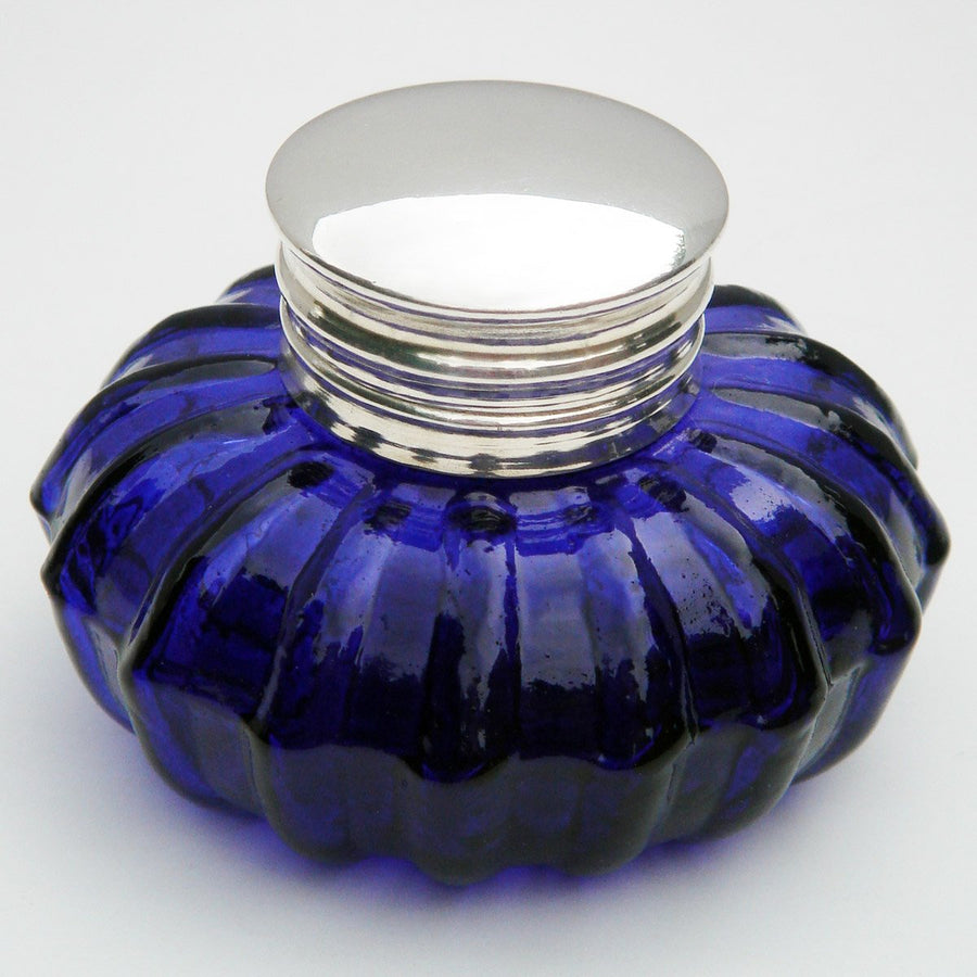 Treasure Gurus Antique Reproduction Glass Inkwell Cobalt Blue w/Silver Top Desk Ink Well