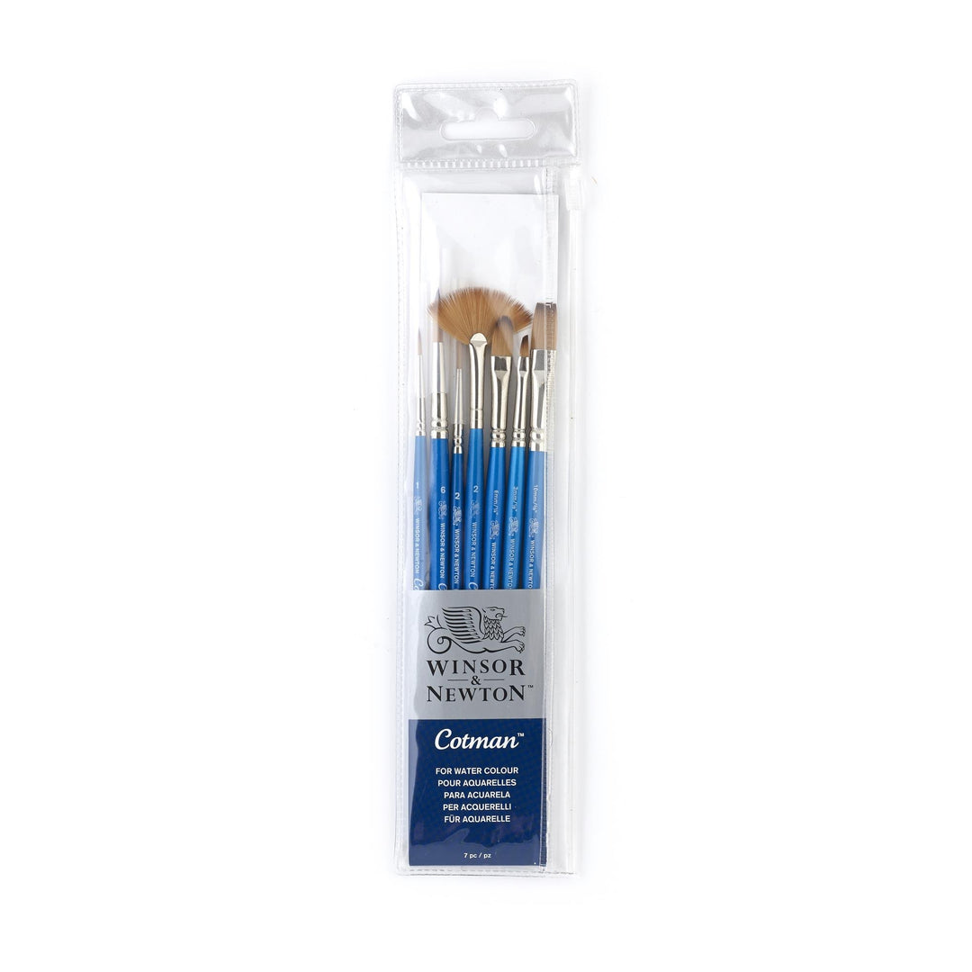 Winsor &amp; Newton Cotman Short Handle Brushes, Set of 7, (Round 1 &amp; 6, Rigger 2, Filbert 1/4, One Stroke 3/8, Angled 1/8, Fan 2)
