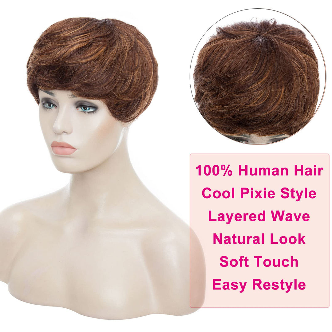 S-noilite Short Human Hair Wigs with Bangs Ombre Black to Burgundy Red Layered Wavy Short Pixie Cut Wig Dark Root 100% Human Hair Wig for Black Women Natural Daily Party