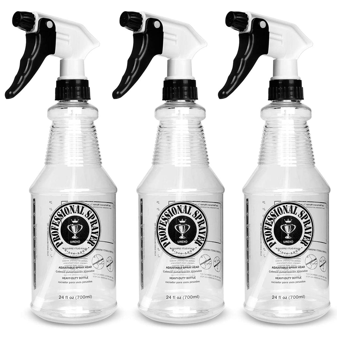 Plastic Spray Bottle (24oz 3 Pack) for Cleaning Solutions, Car Detailing Care, Planting, Pet, Clear Finish, Heavy Duty Empty Spraying Bottles Mist Water Sprayer with Measurements &amp; Adjustable Nozzle