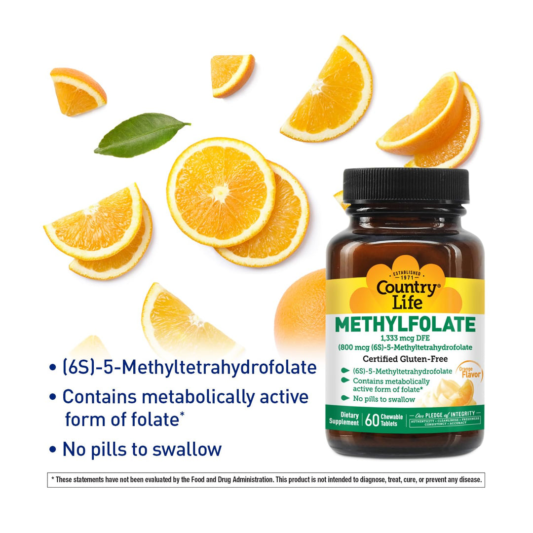 Country Life Methylfolate Chewable Tablets - Metabolically Active Folate - Great Tasting Orange Flavor - Gluten-Free - Smooth Melts - Vegan B12 - Women's Vitamins - Daily Supplement - 60 Tablets