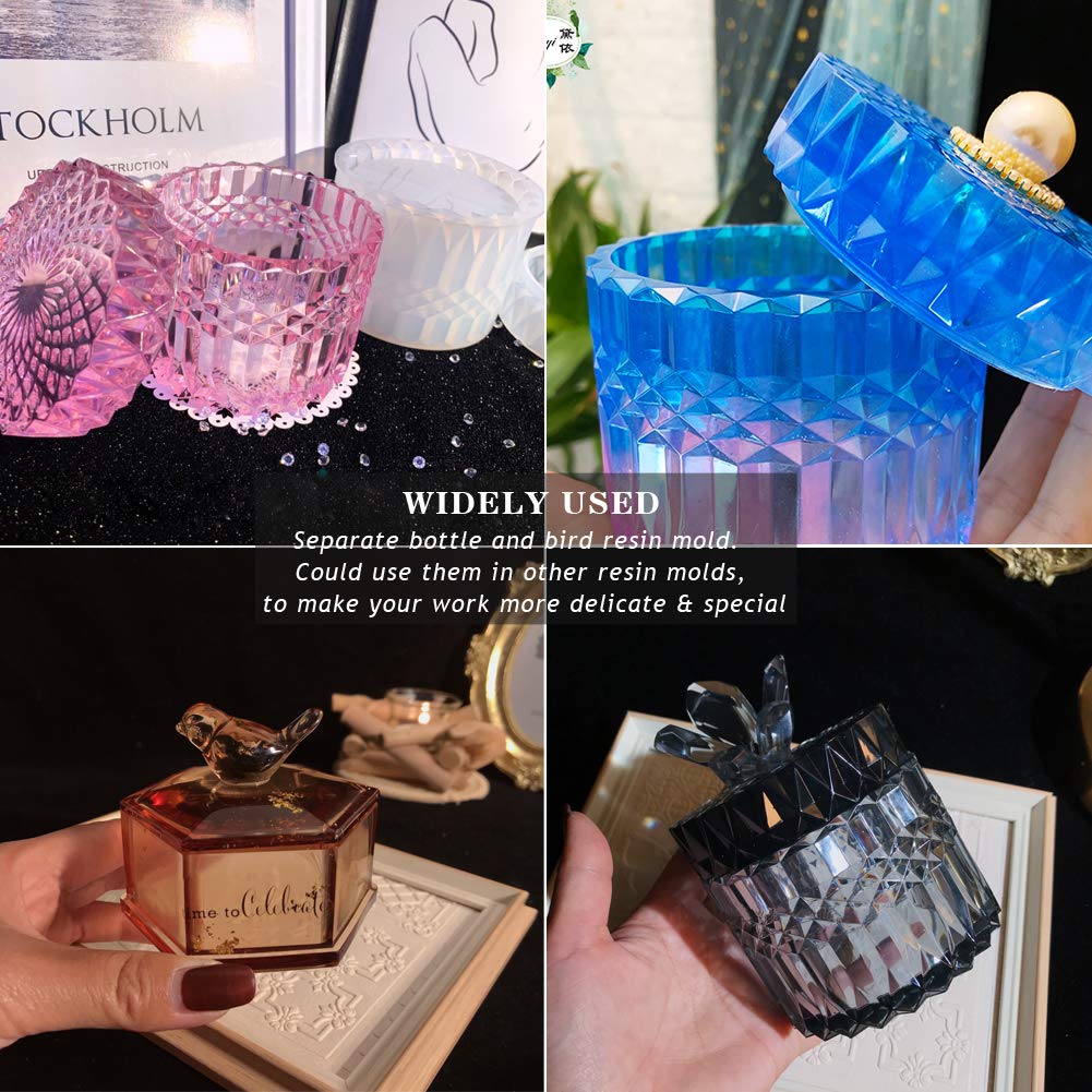 Silicone Crystal Box Resin Mold with Lid and Bird Handle Shape Mold for Epoxy Resin Jewelry Storage Bottle Jar Trinket Containers Ashtray Candle Holder DIY Crafts Supplies Resin Kit Home Decor Gift