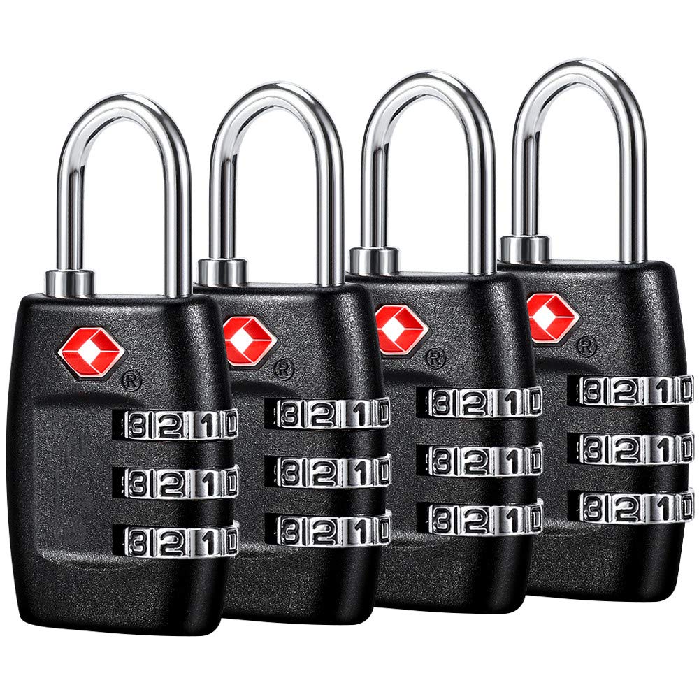 TSA Luggage Locks (4Pack) - 3 Digit Combination Padlocks - Approved Travel Lock for Suitcases &amp; Baggage (Black)