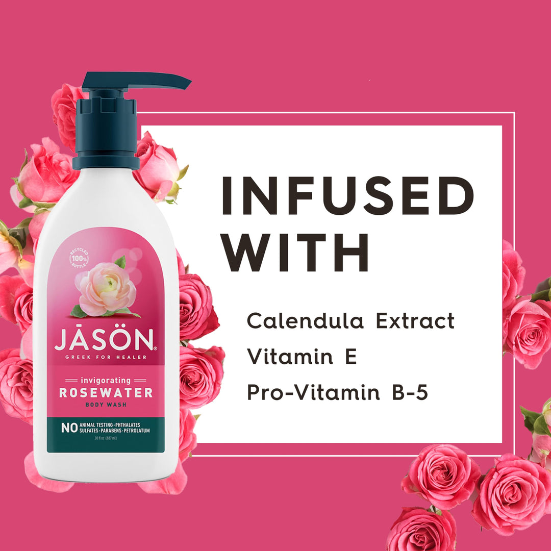JASON Rosewater Invigorating Body Wash, For a Gentle Feeling Clean, 30 Fluid Ounces