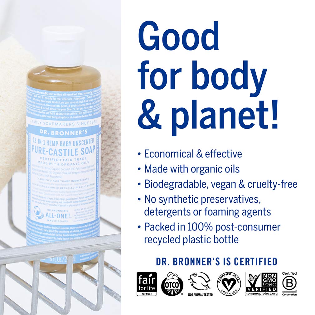 Dr. Bronner&#39;s - Pure-Castile Liquid Soap (Baby Unscented, 4 Ounce) - Made with Organic Oils, 18-in-1 Uses: Face, Hair, Laundry, Dishes, For Sensitive Skin, Babies, No Added Fragrance, Vegan, Non-GMO