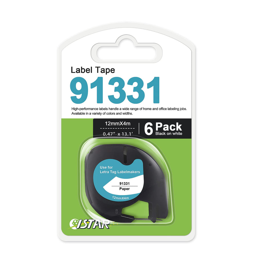 Compatible Label Tape Replacement for Dymo Letratag Labeling Refills 91331 (S0721660) to use with Label Maker LT-100T LT-100H LT-110T, 0.47 Inch (12mm) x 13 Feet (4m), Black on Clear, 6-Pack