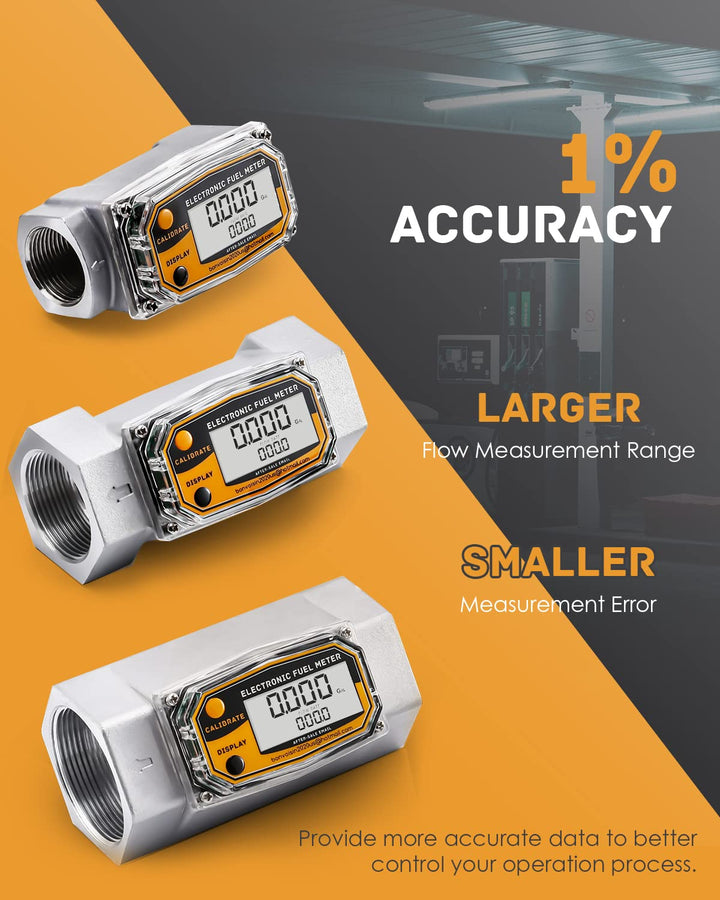 Turbine Flow Meter 1 FNPT Inlet/Outlet Fuel Flowmeter ±1% Accuracy LCD Display Flow Meter for Diesel Kerosene Gasoline 3-26 GPM /10-100 LPM (Batteries are not Included)