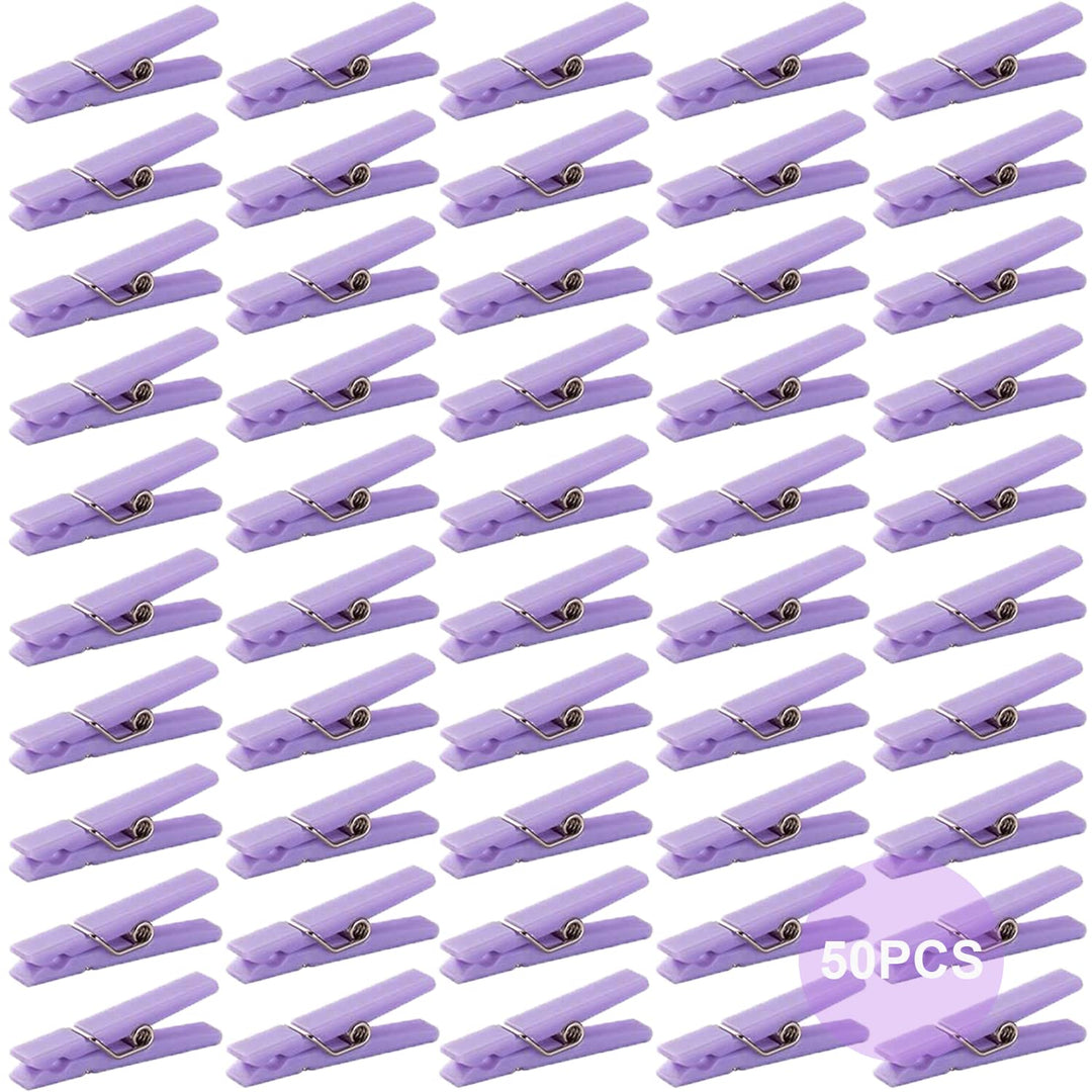 50 PCS Small Transparent Plastic Tool Paper Clips Clothespins Clip Clothing Line Clip Photo Clips 1.4 x 0.25 Inch Mini Clothespins Baby Shower Clothing Pins Plastic Small Clips for Party (Purple)