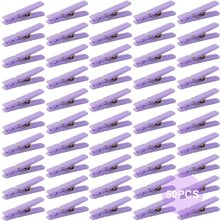 50 PCS Small Transparent Plastic Tool Paper Clips Clothespins Clip Clothing Line Clip Photo Clips 1.4 x 0.25 Inch Mini Clothespins Baby Shower Clothing Pins Plastic Small Clips for Party (Purple)