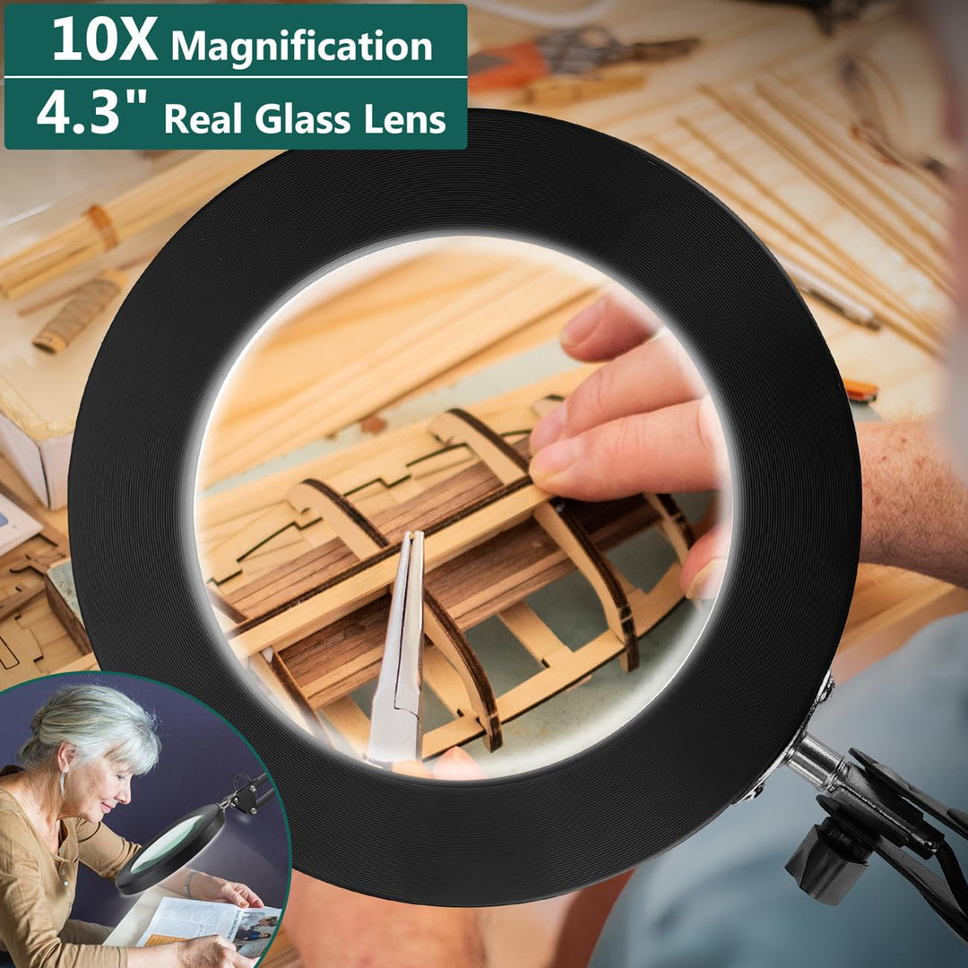 10X Magnifying Glass with Light and Stand, Veemagni 2-in-1 Real Glass Magnifying Desk Lamp & Clamp, 3 Color Modes Stepless Dimmable LED Lighted Magnifier with Light for Hobby Crafts Repair Close Works
