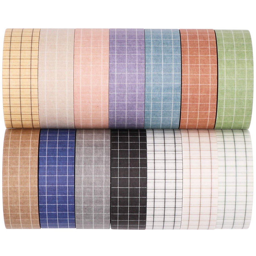 Grid Washi Tape Set, 14 Rolls of 15 mm Wide Decorative Colored Masking Tapes for Scrapbooking, DIY Decor and Crafts, Bullet Journals, Planners, Junk Journal, Gift Wrapping