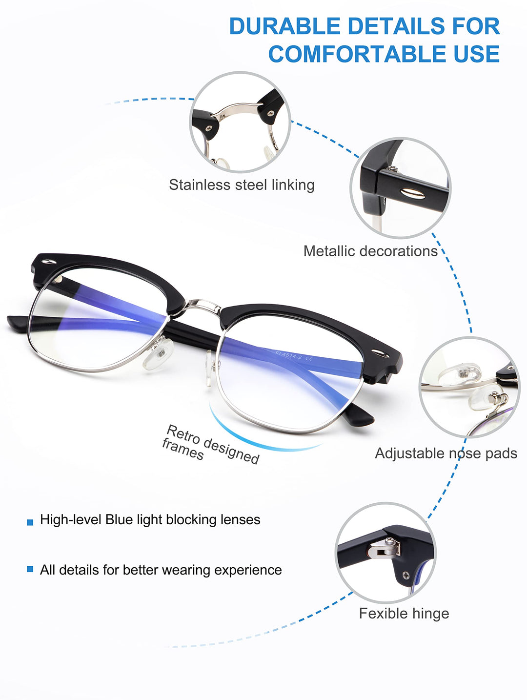 Blue Light Glasses for Women and Men Advanced Computer and Gaming Glasses Semi Rimless Glasses with Blue Light Blocking Release Computer Eye Strain (Matte Black/Silvery Rim + Glossy Black/Black Rim)