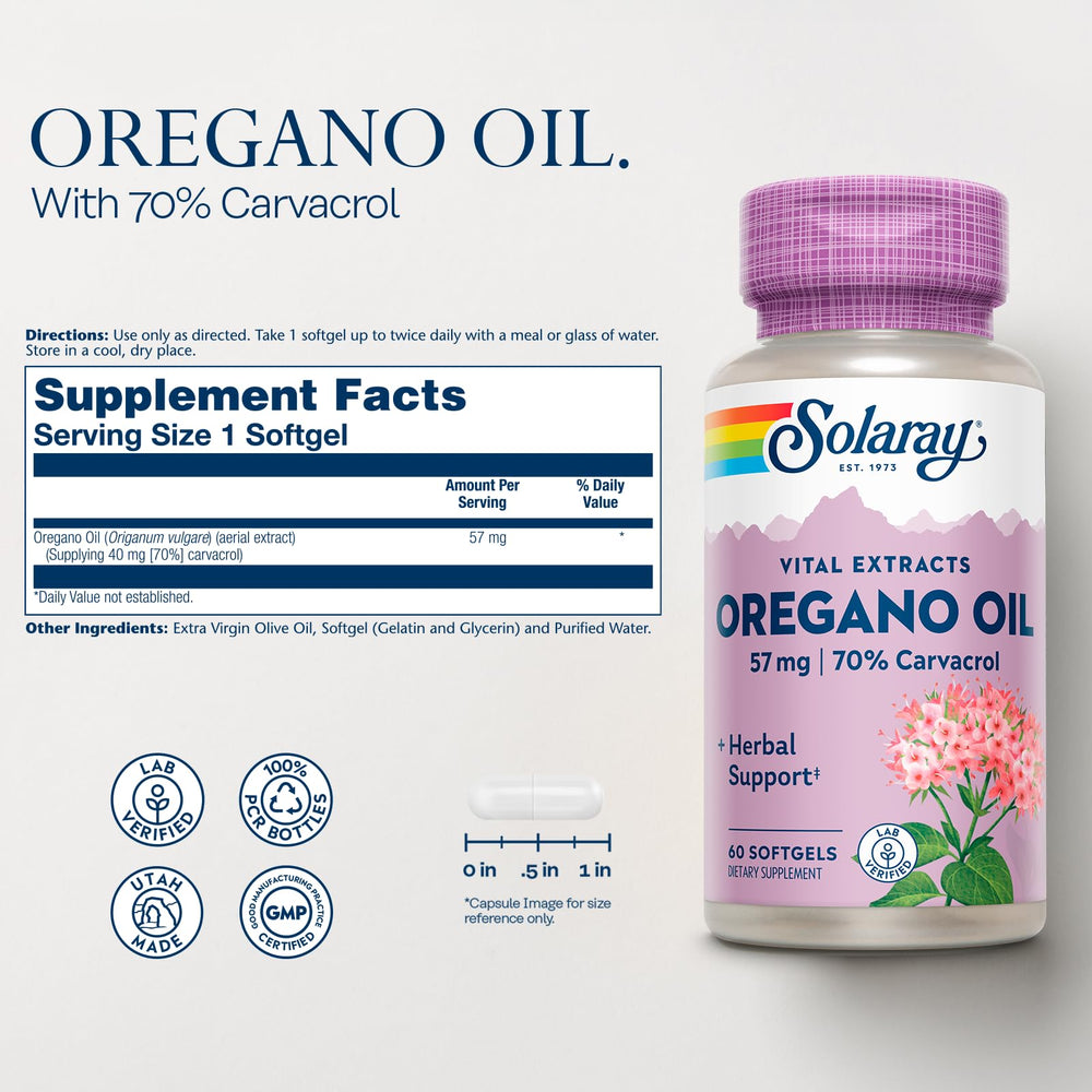 Oregano Oil 57 mg - Oil of Oregano Softgels - Herbal Supplements for Overall Health and Wellness Support w/ 70% Carvacrol - Extra Virgin Olive Oil Base, 60-Day Guarantee, 60 Serv, 60 Softgels