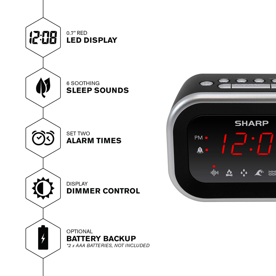 SHARP Dual Alarm Clock with Sound Machine with 6 Relaxi