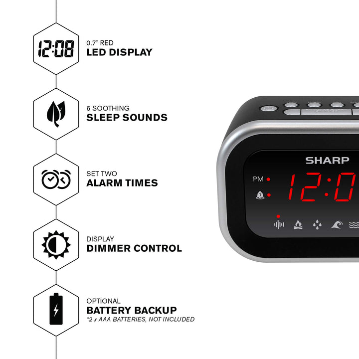 SHARP Dual Alarm Clock with Sound Machine with 6 Relaxi