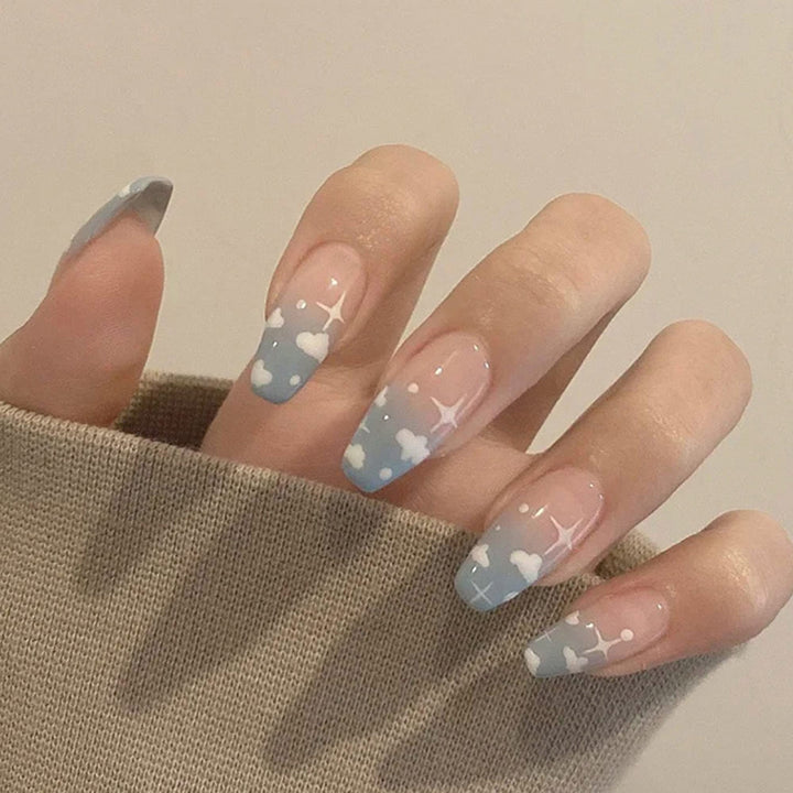 Coffin Press on Nails French Glossy Pink-Blue Cloud Full Cover Medium False Nails for Women Ballerina Nail Art DIY Acrylic Fake Nail Tips Stick on Nails 24Pcs