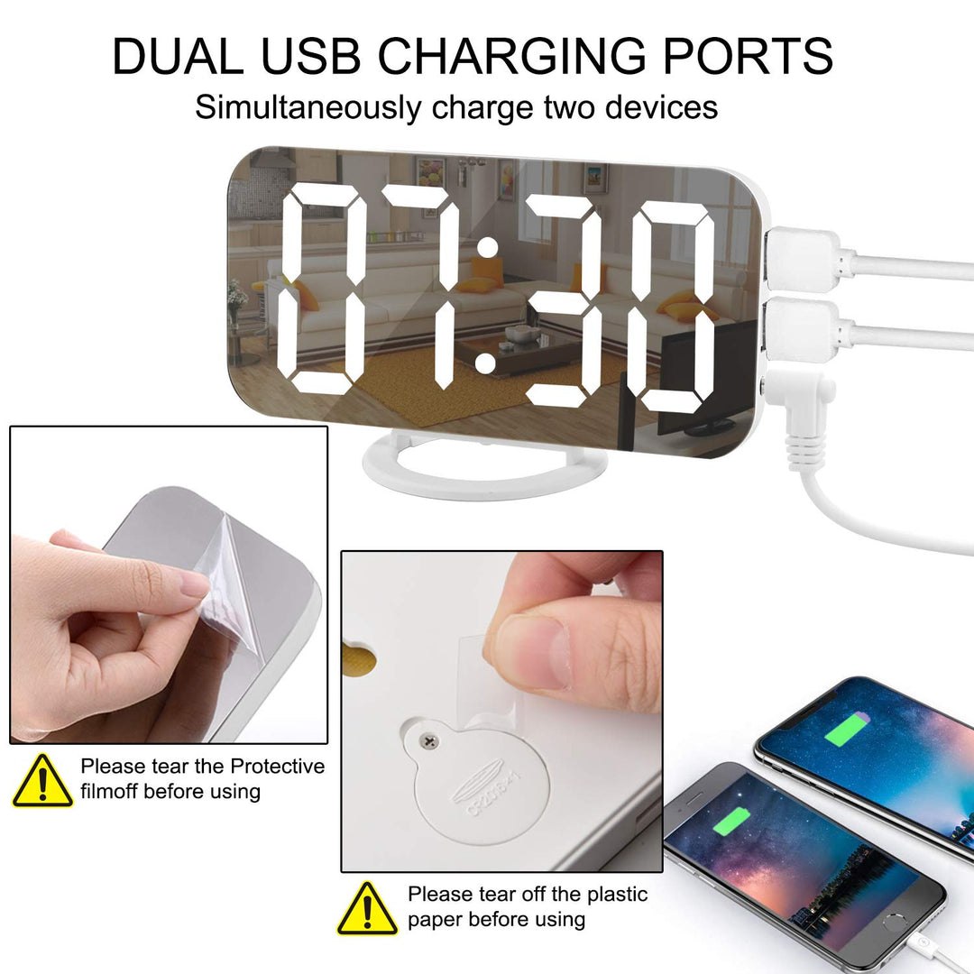 Digital Clock Large Display, LED Electric Alarm Clocks Mirror Surface for Makeup with Diming Mode, 3 Levels Brightness, Dual USB Ports Modern Decoration for Home Bedroom Decor-White (001)