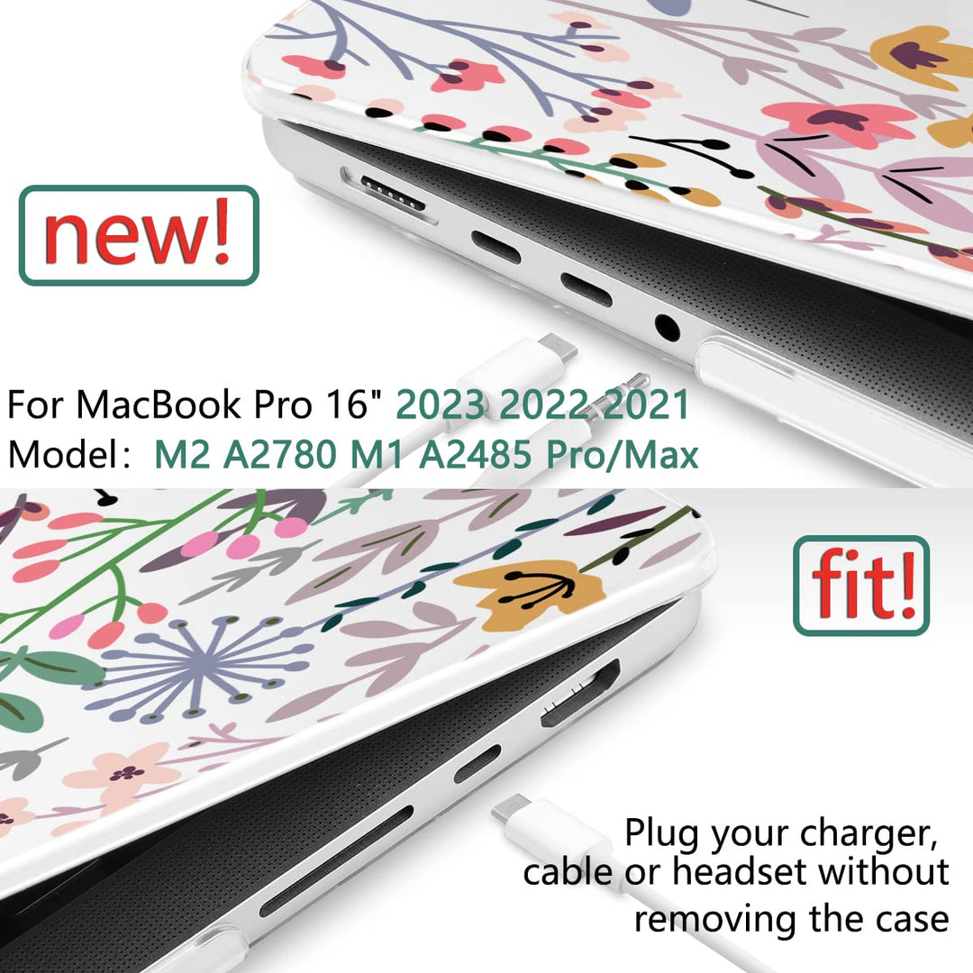 for MacBook Pro 16 Inch Case 2023 2022 2021 Release M2 A2780 M1 A2485 M1 Pro/Max, Hard Shell Case &amp; Keyboard Cover &amp; Screen Protector for Mac Pro 16 with Touch ID, Tiny Flower
