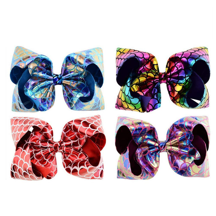[4-PACK] 8 INCH Large Cute Mermaid Tail Glitter Sparkle Fish Scale Hair Bows Clip Bundle for Girls Toddlers Kids (Mermaid Glitter)