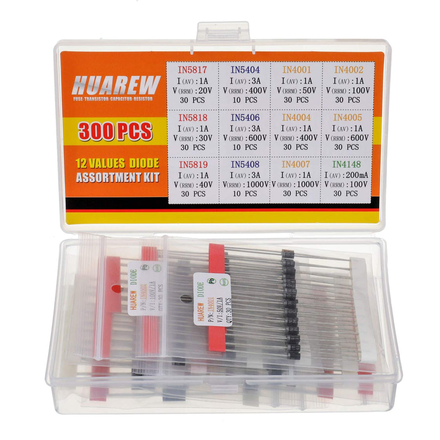 12 Values 300 Pcs Rectifier Diodes 1N4001 1N4002 1N4004 1N4005 1N4007 1N5404 1N5406 1N5408 Schottky Diodes 1N5817 1N5818 1N5819 Switching Diodes 1N4148 Assortment Kit