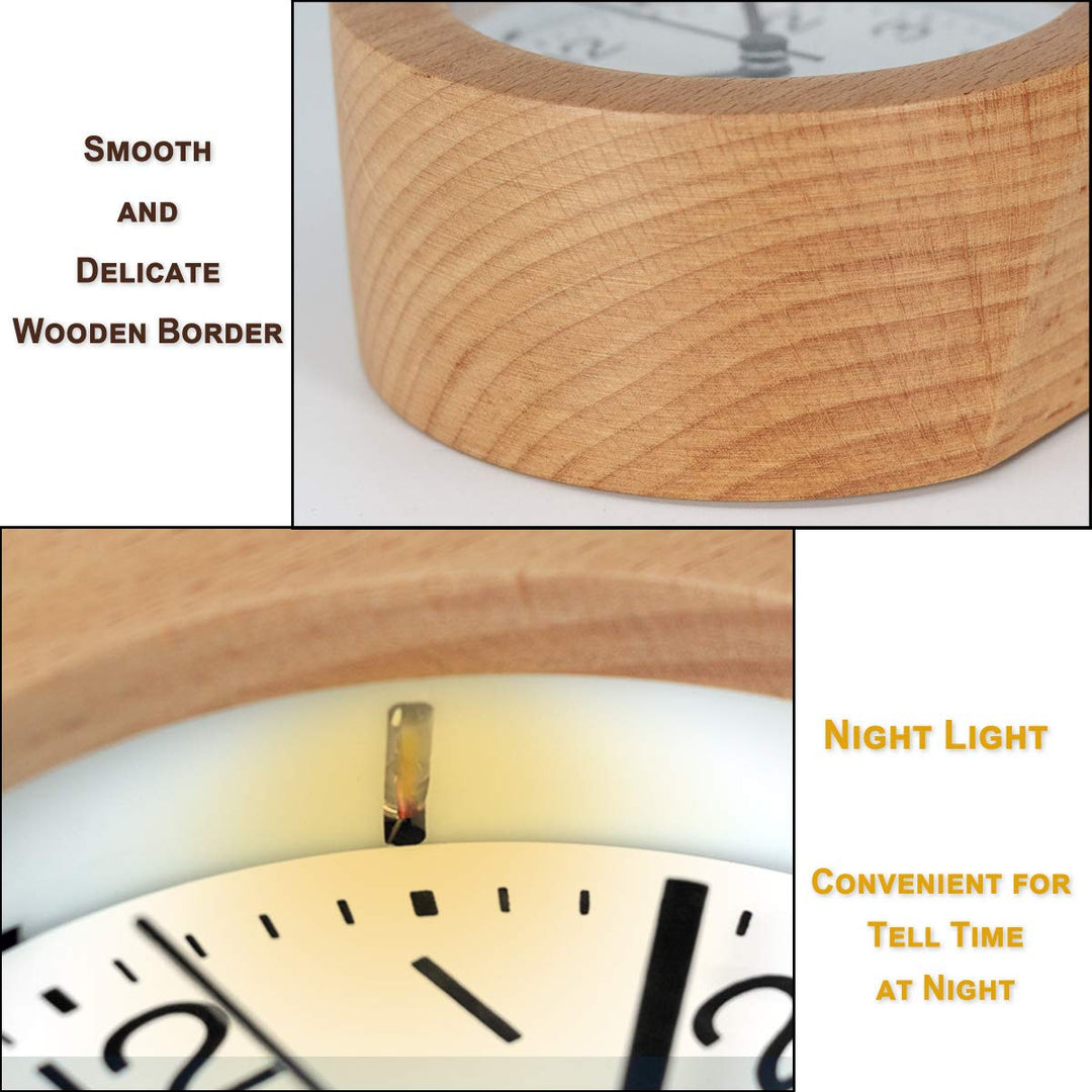 3-Inches Round Wooden Alarm Clock with Arabic Numerals, Non-Ticking Silent, Backlight, Battery Operated, Nature