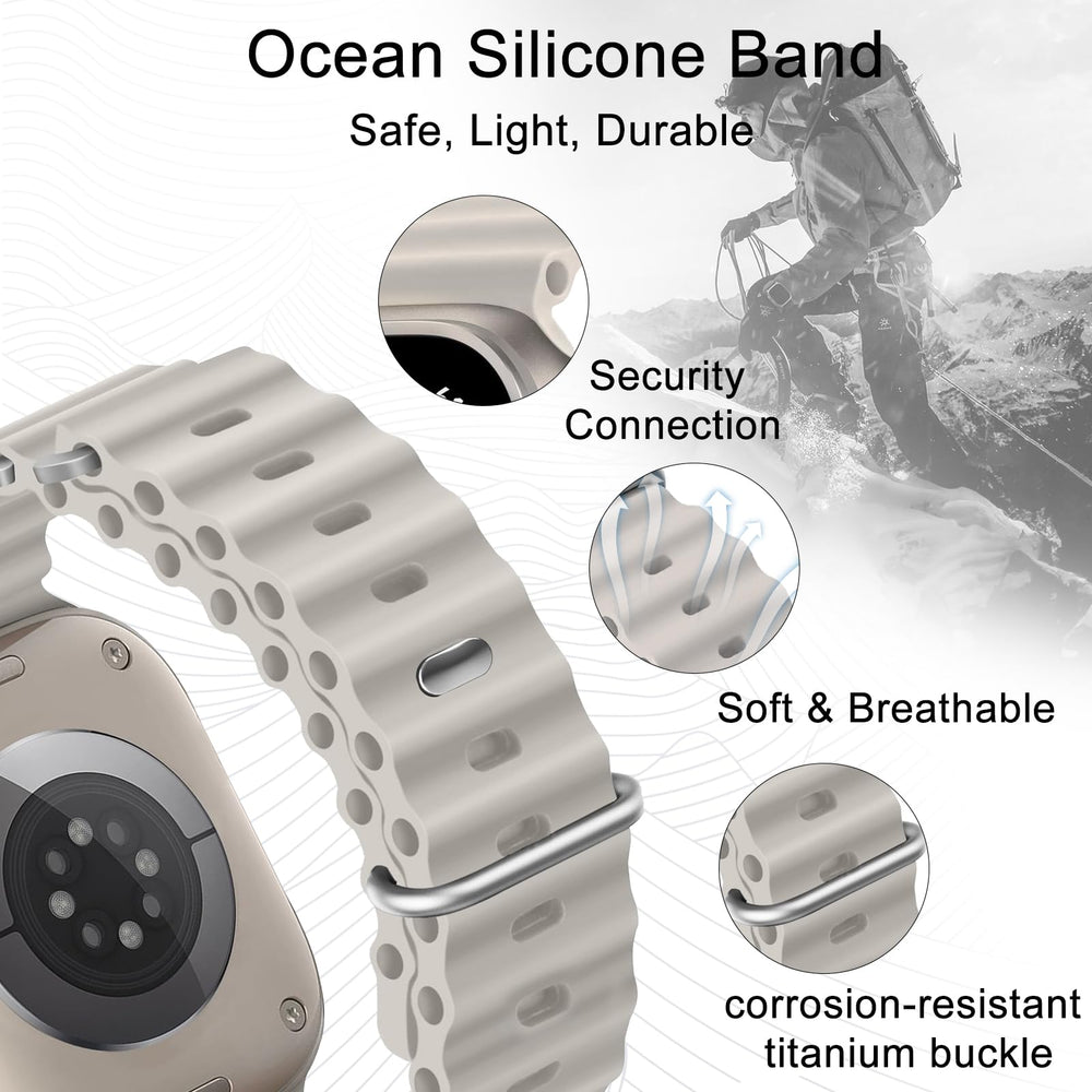 Ocean Silicone Sport Band - Compatible with Apple Watch Ultra 2/Ultra Band 49mm 46mm 45mm 44mm Men Women, Breathable Soft Waterproof Strap for iWatch Ultra 2, iWatch Ultra Series 10 SE/9/8/7/6/5