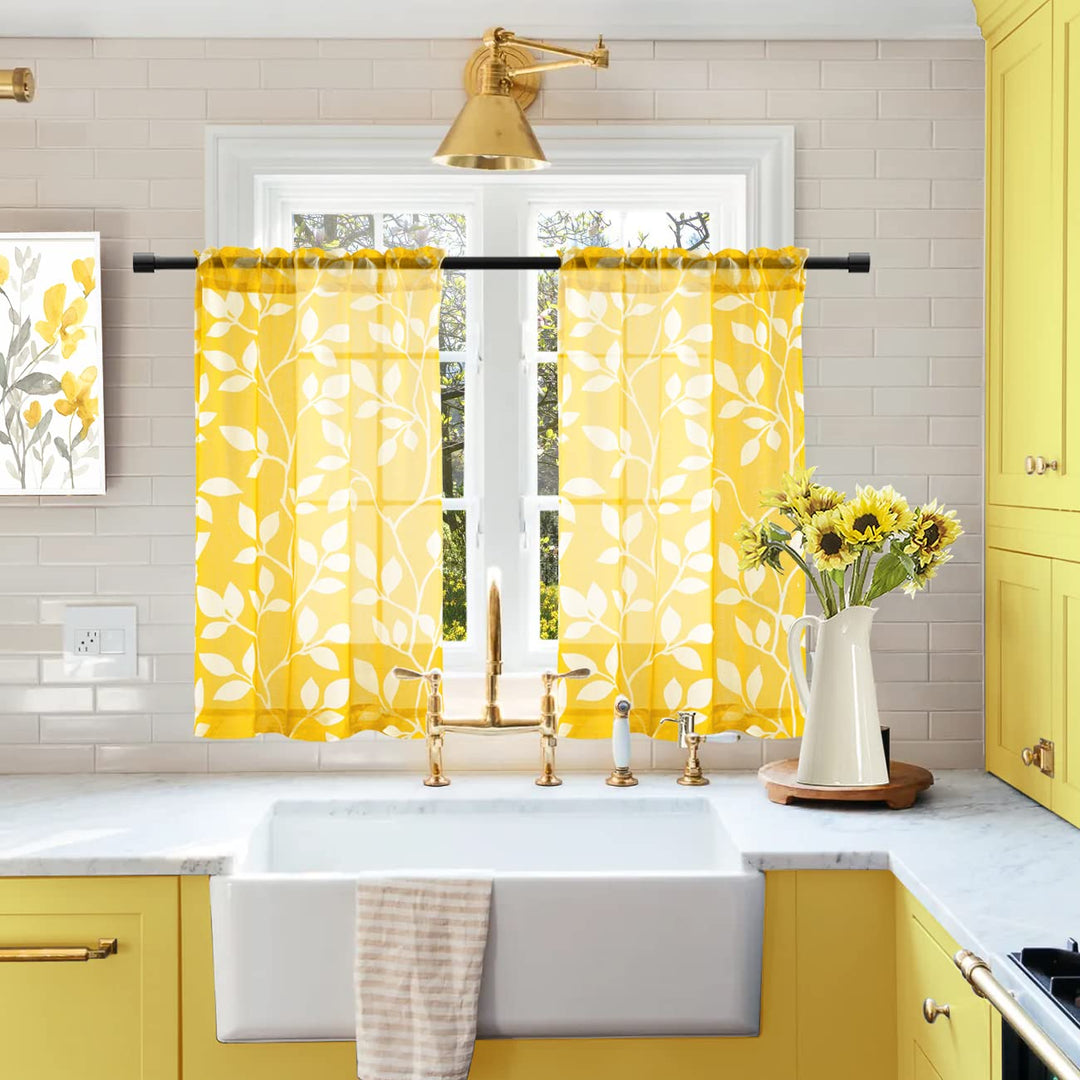 Spring Yellow Curtains for Bathroom Window,Small 2 Panels Rod Pocket Short Sheer Curtains for Bath Room Decor Kitchen Accessories Match Teal Blue,24 Inch Length,Canary Yellow and White