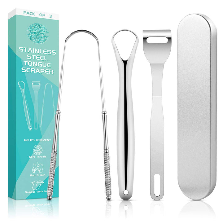 3 PCS Tongue Scraper for Adults, Stainless Steel Tongue Cleaner with Carry Travel Small Case, Medical Grade Metal Daily Oral Hygiene Brush Dental Kits Reduce Bad Breath Tool Gadgets Treatment