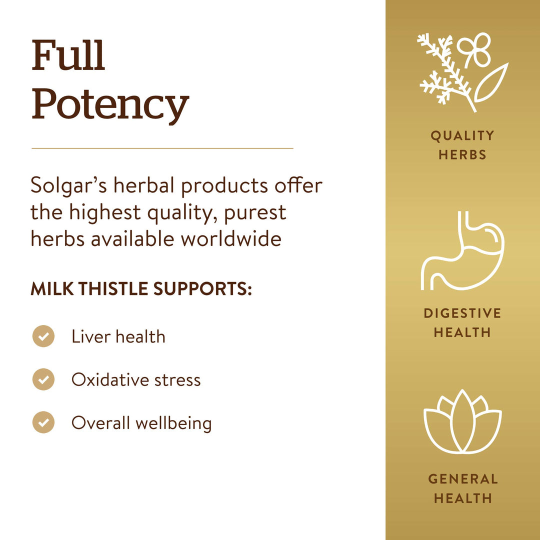 Solgar Milk Thistle, 100 Vegetable Capsules - Liver Support - Full Potency (FP) - Non-GMO, Vegan, Gluten Free, Dairy Free, Kosher - 100 Servings