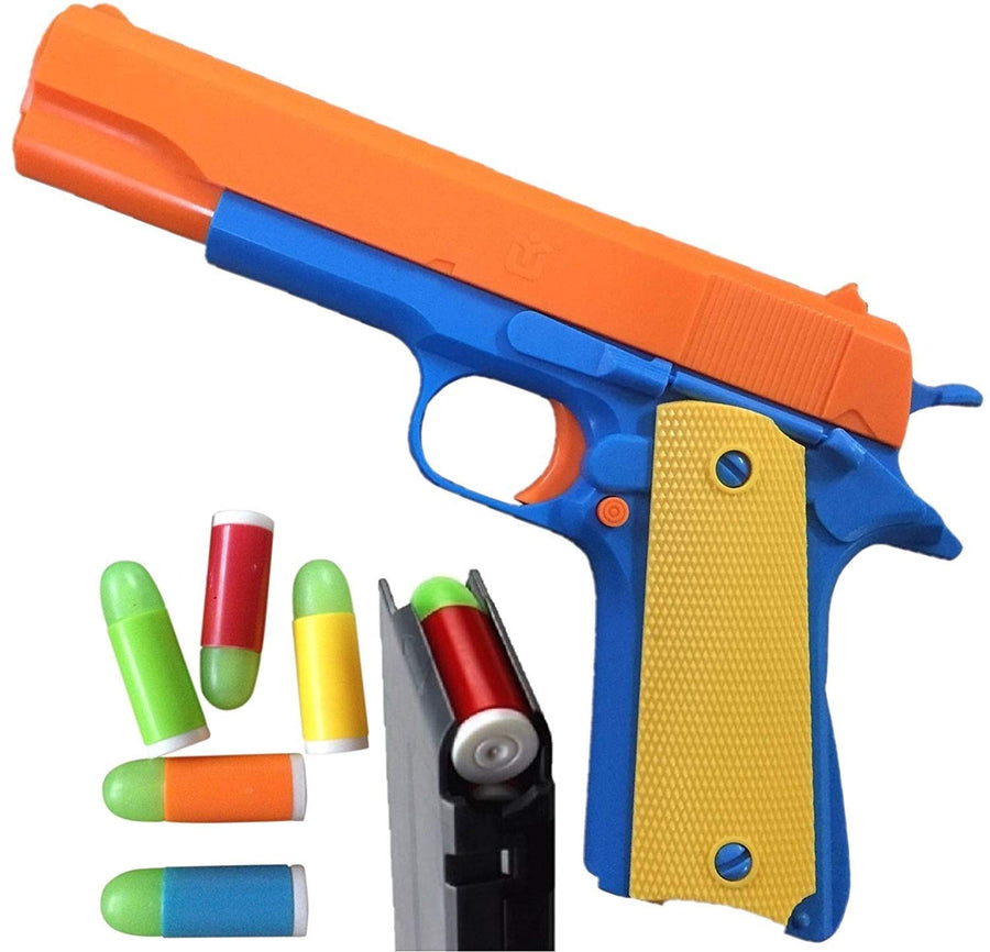 Colt 1911 Toy Gun with Soft Bullets, Ejecting Magazine, Pull Back Action, Bonus Pack of Metal Sheriff Badge and 5 Extra Bullets - m1911 colt 45 (Multicolour)