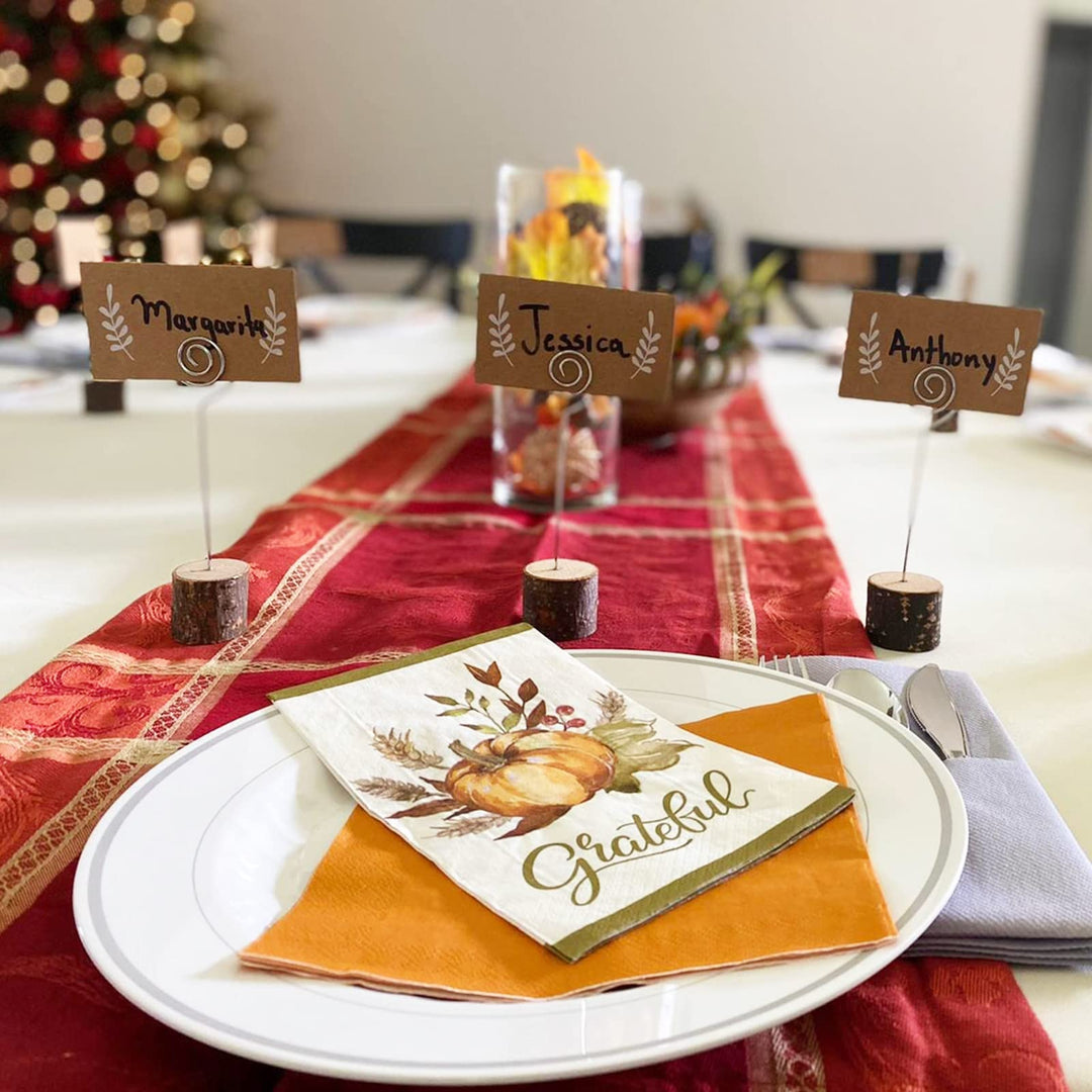 30 Pcs Rustic Wood Place Card Holders with Swirl Wire Wooden Bark Memo Holder Stand Card Photo Picture Note Clip Holders 5.8 and Kraft Place Cards Bulk for Wedding Party Table Number Name Sign
