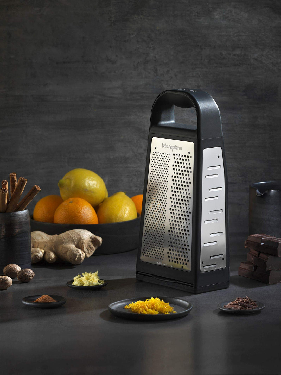 Elite Five Blade Box Grater with Measuring Cup Base, Five Grating Surfaces Including Fine, Coarse, Double-Sided Ribbon, Ultra-Coarse, and Slicer - Black