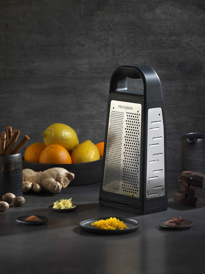 Elite Five Blade Box Grater with Measuring Cup Base, Five Grating Surfaces Including Fine, Coarse, Double-Sided Ribbon, Ultra-Coarse, and Slicer - Black