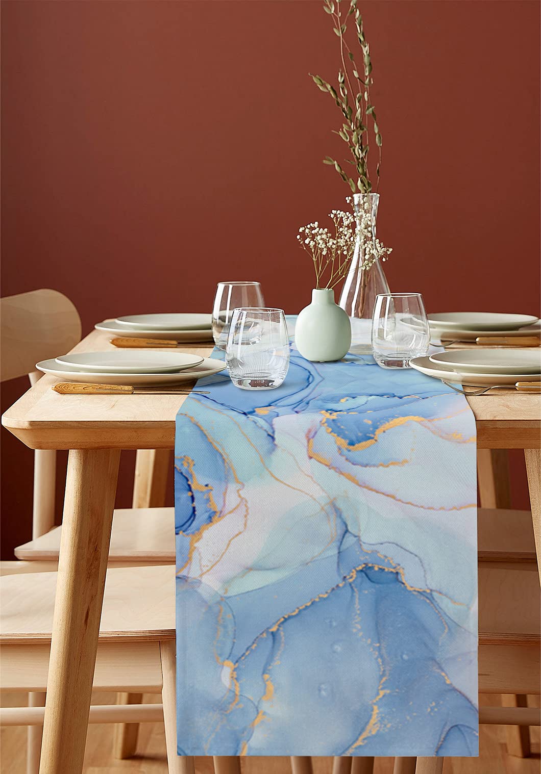 Marble Ocean Table Runner-Marble Textured Burlap Table Runner 108 Inches Long, Abstract Table Runners Dresser Scarves for Dining Room Kitchen, Wedding, Holiday Party Table Decor 13x108