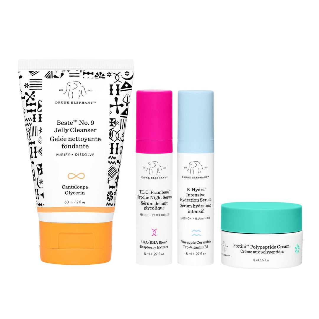Littles Night Out Evening Skin Kit – Night Skin Care Set. Beste No. 9 Jelly Cleaner, T.L.C. Framboos Glycolic Night Serum, B-Hydra Intensive Hydration Serum, Protini Peptide Cream