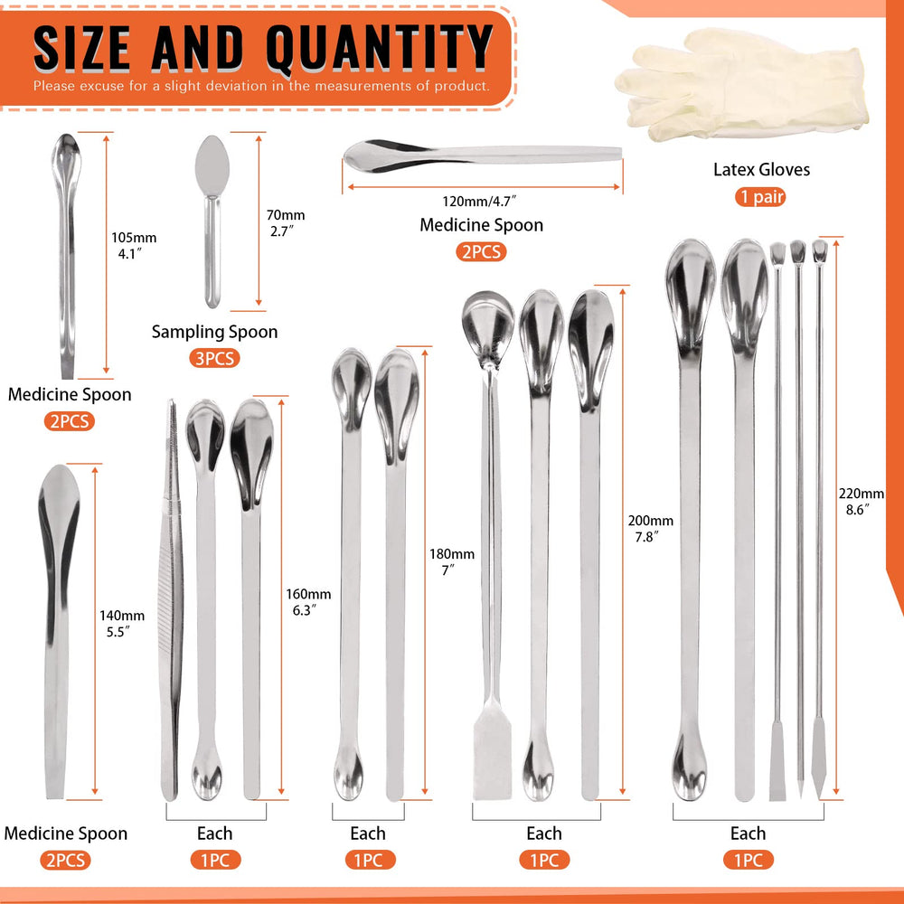 23Pcs Stainless Steel Lab Spatula Micro Scoop Set Including 22pcs 7cm 16cm 18cm 20cm 22cm Laboratory Tiny Mixing Spatula Scoop Measuring Spoon Long Sampling Spoon with 1Pair Gloves
