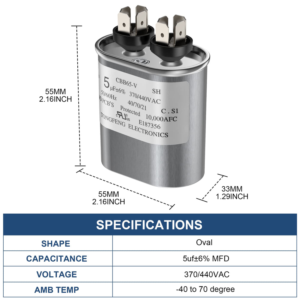 5 MFD uF 370/440 VAC CBB65B Dual Run Round Capacitor, UL Listed Motor Run Capacitor for Condenser Straight Cool or Heat Pump Air Conditioner Parts Replacements