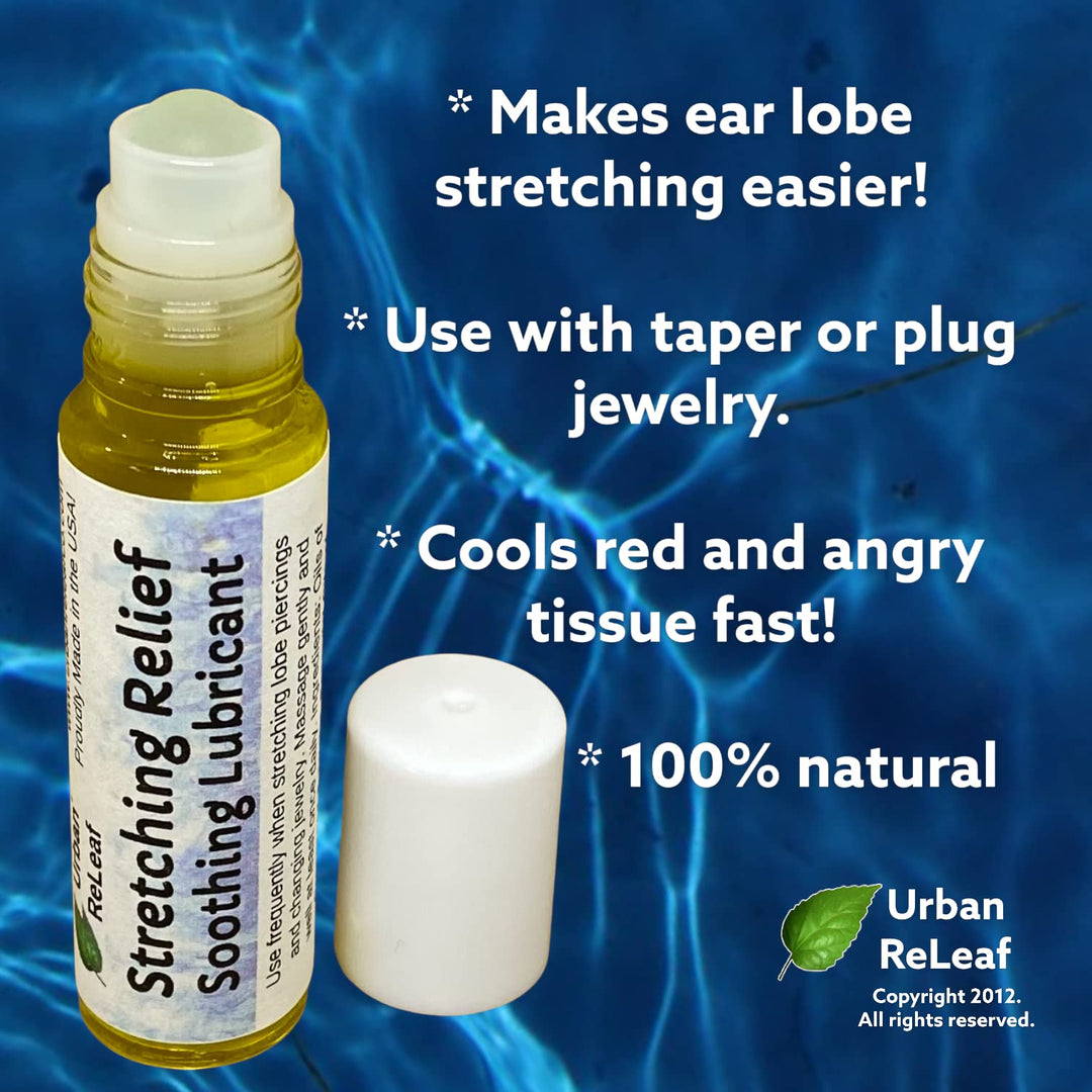 Ear Lobe Stretching Relief Soothing Lubricant ! Cools Red, Angry Stretched Piercings. Taper, Plug, Gauge Jewelry. Easy Roller-Ball Applicator. 100% Natural, Essential Oils