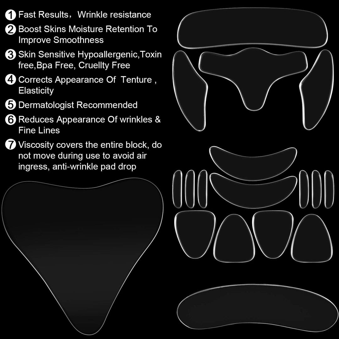 18 Pieces Reusable Facial Chest Neck Silicone Pad Set, 16 Pieces Forehead Wrinkle Patches, Eye Wrinkle Patches, Wrinkles Around Mouth and Upper Lip 1 Silicone Chest Pads 1 Silicone Care Neck Pad