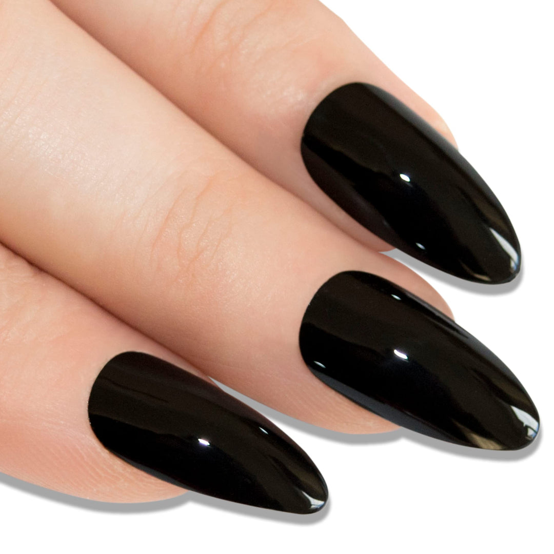 Almond False Nails Fake Stiletto Black Acrylic 24 Long Tips with Glue